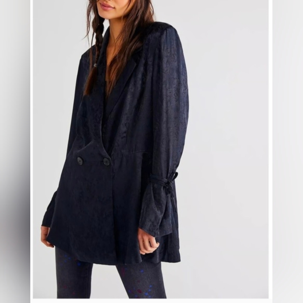 Free People Navy Double-Breasted Blazer Jacket